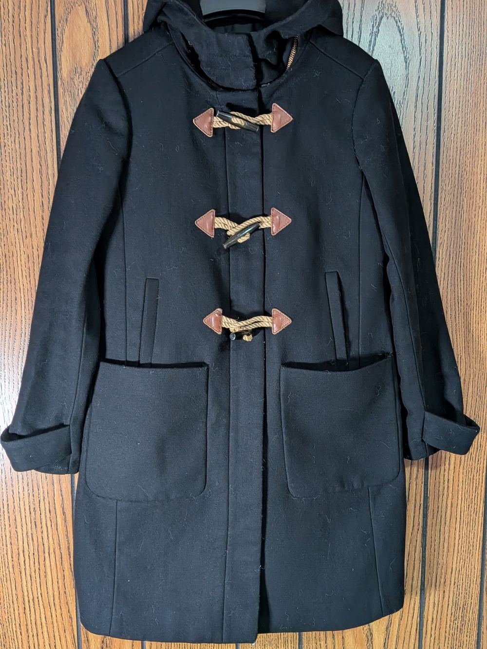 Vintage J. Crew Black Hooded Toggle Peacoat / Duffle with Rope Details Size 4